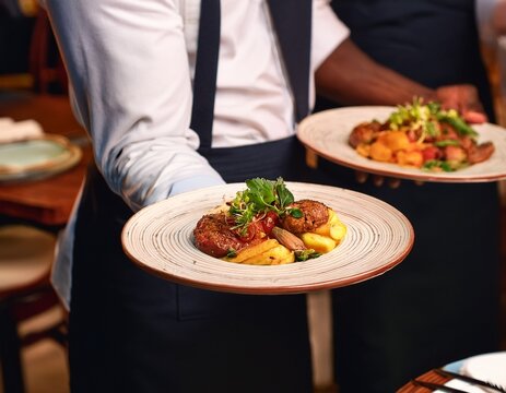 waiters carrying plates with food in a restaurant