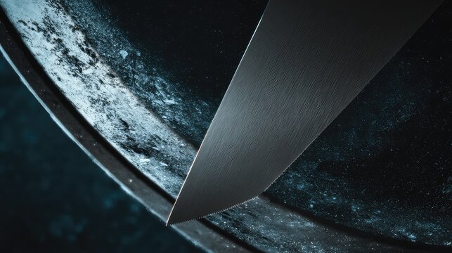 Abstract metal blade with a sharp, sawtooth edge dividing a dark, textured cosmic like surface, creating a visual contrast between smooth and rough textures in a cold, industrial setting