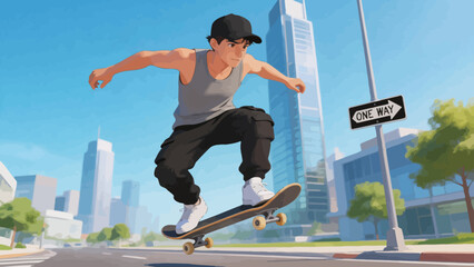 Skateboarder in city street © NML