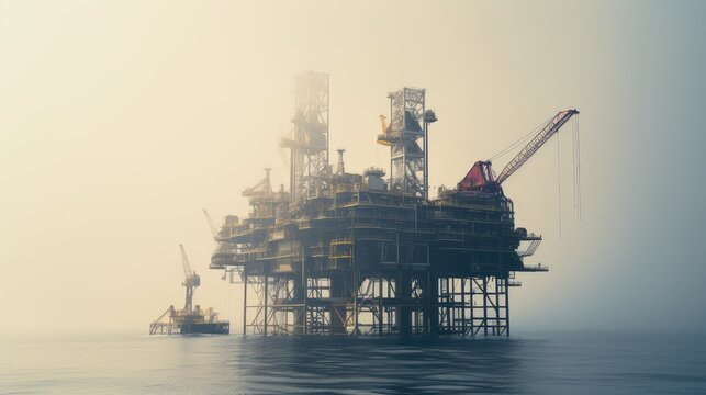 Offshore oil platform operating big machines and red crane for drilling the ocean floor, extracting fossil fuels and contributing to the global energy industry, surrounded by atmospheric fog