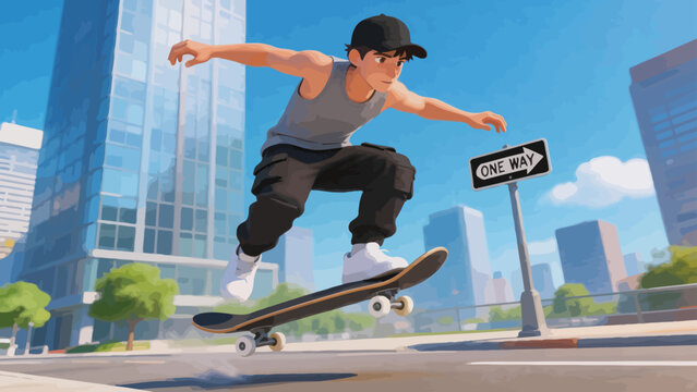 Skateboarder performing trick in city