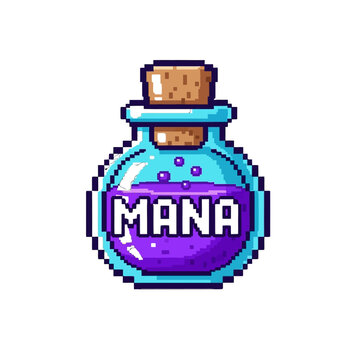 Pixel art illustration of a magical mana potion bottle with vibrant colors and whimsical design perfect for fantasy game