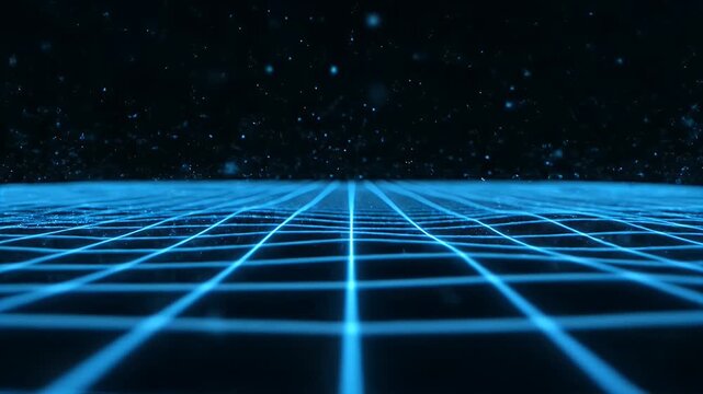 A futuristic, glowing blue grid stretches into the distance against a dark background, creating a sense of depth and technological advancement.