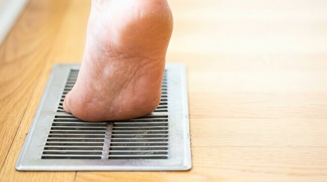 Warm air blowing from floor vent with bare foot resting on metal grille. Floor vent provides comfortable warmth during chilly days, enhancing home atmosphere.
