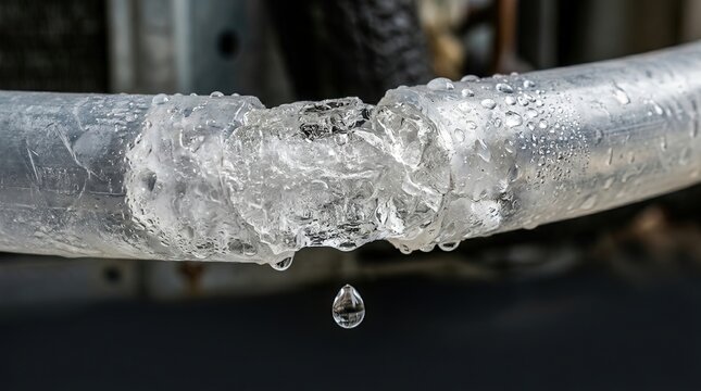 Leaking air conditioner pipe with frozen water buildup and dripping moisture on black surface. Frosted pipe reveals frozen water accumulation causing leak near compressor.
