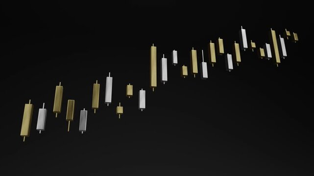 Upward trend movement candlestick chart 3D animation for safe haven, Gold or silver investment. Stock exchange forex trading chrome graph, rise crypto investment, financial index, stock market growth.