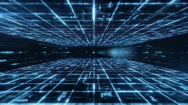 A futuristic, abstract digital tunnel is depicted with glowing blue lines converging towards a vanishing point, creating a sense of depth and technological advancement.