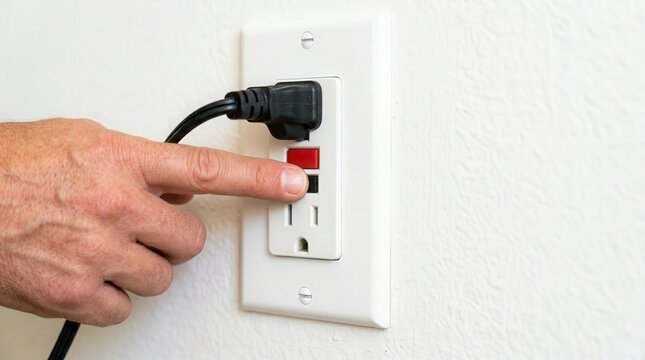 Hand pressing reset button on electrical outlet with plugged-in power cord indicating safety features. Electrical outlet includes GFCI functionality ensuring protection against shock hazards.