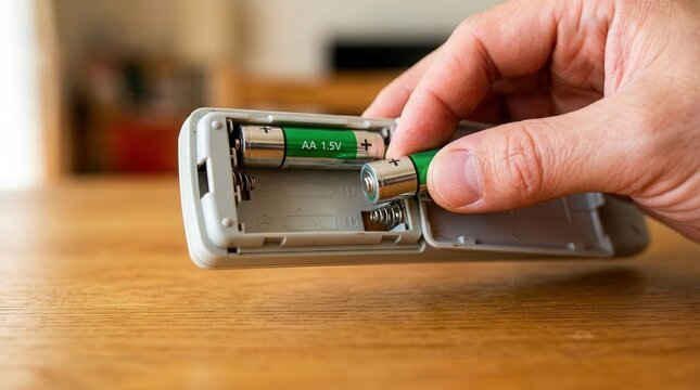 Inserting battery into remote control device for charging technology. Battery installation in remote highlights essential connection for convenience and everyday use.