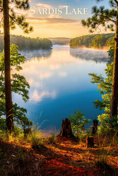 Golden sunrise bathes a tranquil forest Sardis Lake Mississippi, misty surface mirroring vibrant sky. Tall trees frame this serene natural landscape, evoking peaceful dawn moments