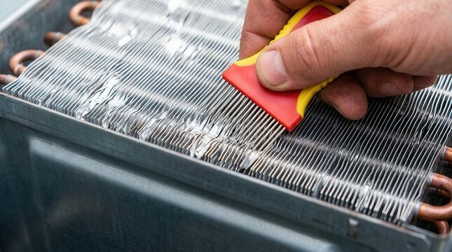 Cleaning air conditioner coils with a specialized brush for efficient maintenance. Proper air conditioner care enhances performance and extends lifespan of HVAC systems.