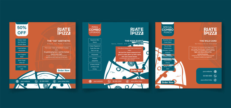 Set of social media post template in green orange background with pizza design for pizza street food