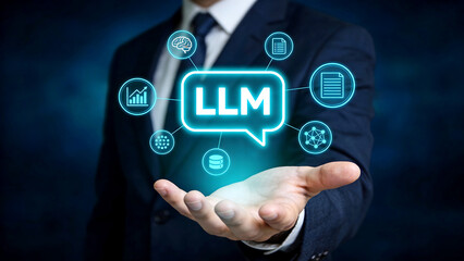 Fototapeta premium Business professional in suit presenting llm text bubble with data and business icons, AI strategy