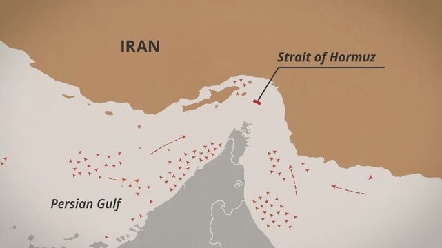 Animated Map showing Cargo and Oil Tanker Ships stuck in the Persian Gulf. Blockade of the Strait of Hormuz. Oil Crisis Concept. Visualization of Ships trying to pass the Strait but turning around 