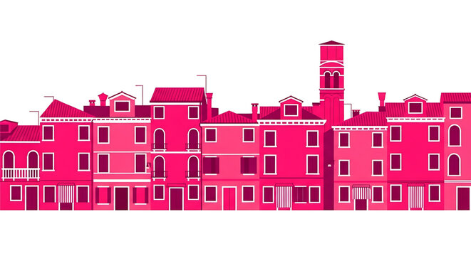 Pink and magenta flat design cityscape vector illustration, row of colorful european town houses with bell tower