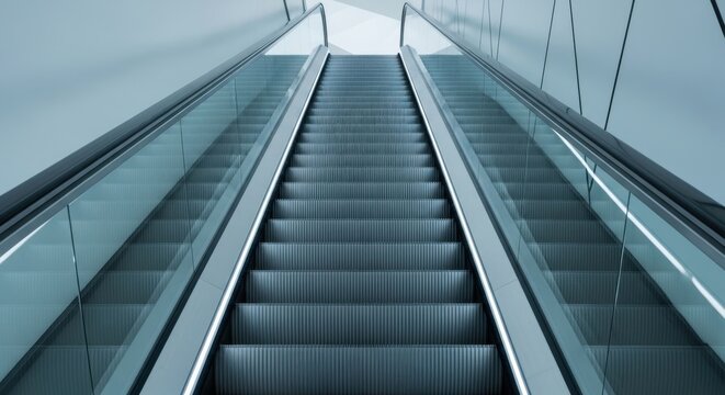 A modern escalator with glass balustrades ascends, showcasing repeating geometric steps.