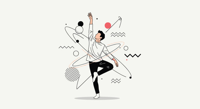 Creative illustration of a man dancing energetically surrounded by abstract lines circles and geometric shapes in background.