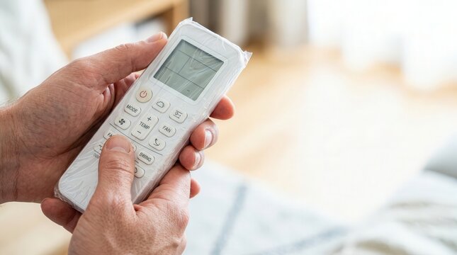 Controlling air conditioner with remote in modern living room environment. User operates air conditioning unit to adjust temperature and comfort level at home.