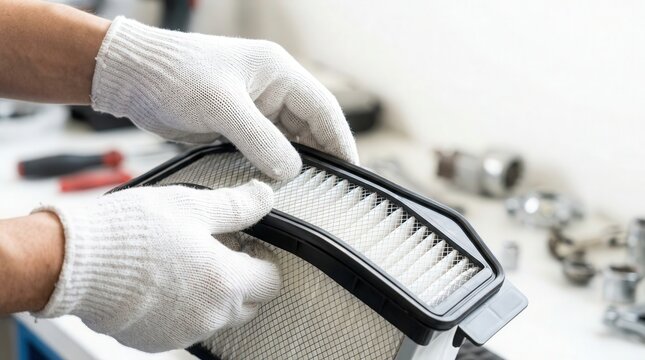 Air conditioner maintenance with technician replacing air filter in workshop. Proper air conditioner care involves changing filters for optimal performance and energy efficiency.