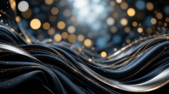 Elegant Dark Waves with Golden Accents and Shimmering Lights