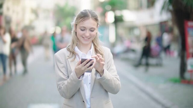 Young Woman Walking In City While Using Smartphone Representing Modern Communication Social Media Interaction And Mobile Technology In Everyday Urban Lifestyle