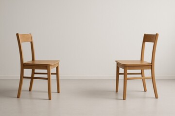 Obraz premium Two Wooden Chairs Facing Each Other in Minimal White Room with Empty Space