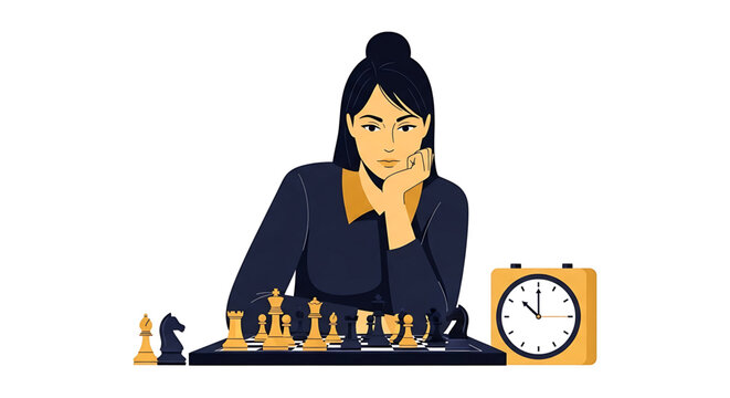 Young woman playing chess, thoughtful chess player sitting at the board with a clock