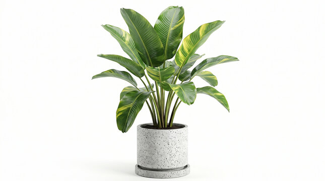 Lush potted strelitzia houseplant in a speckled terrazzo planter for botanical interior styling and indoor staging
