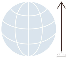 Obraz premium Global business, international communication, growth, progress, data exchange, innovation. A globe with grid lines and an upward arrow with a small cloud. Global business and international
