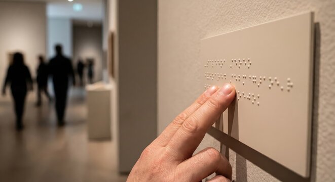 Hand reading Braille text on museum exhibit label, inclusive accessibility concept, tactile navigation for visually impaired visitors, culture and education environment
