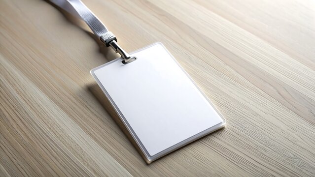 Blank White Badge Holder with Lanyard on a Light Wooden Table Surface Mockup for Design