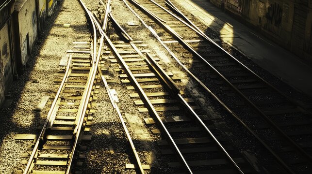 Complex network of parallel and diverging rail lines featuring concrete walls with graffiti, capturing concepts of journey, decision, and connectivity in urban travel