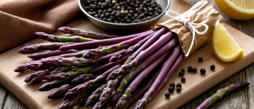 Flat lay of purple asparagus with lemon and peppercorns on a wooden board with craft paper and string bow details in natural light