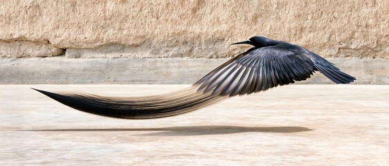 Naklejka premium Black bird in mid-flight, wings spread wide