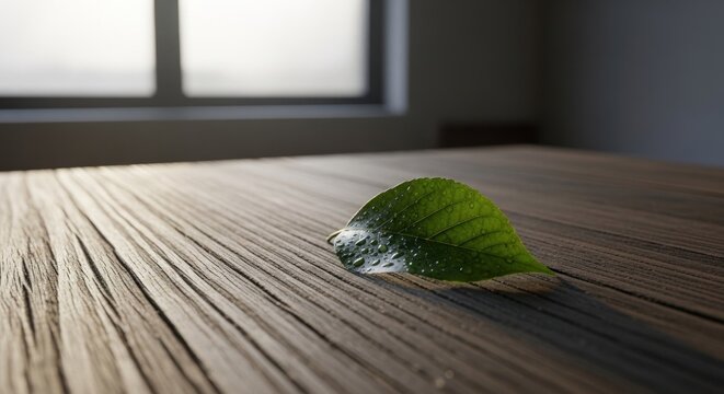 Green leaf on wooden surface, dew drops, window light