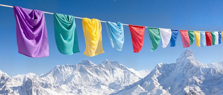 Colorful prayer flags flutter against snowy mountain peaks