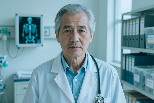 Portrait of senior Asian male doctor standing in clinic, facing camera and conveying medical expertise, trust, and patient care
