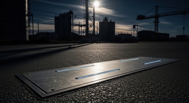Ground level access control system with integrated lighting at an industrial facility at night