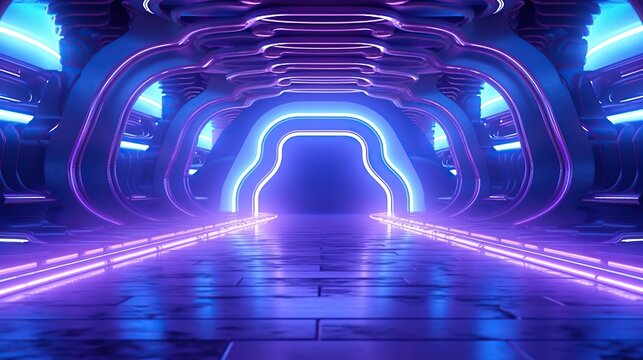 Futuristic corridor with glowing neon lights and architectural design