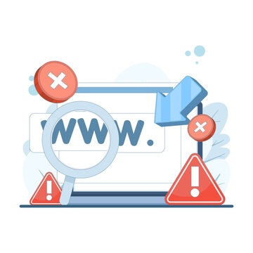 Cyber ​​safety concept with suspicious hyperlink alerts, unsafe website warnings, spam link detection, and safe browsing notifications in flat cartoon vector icon design for web protection.