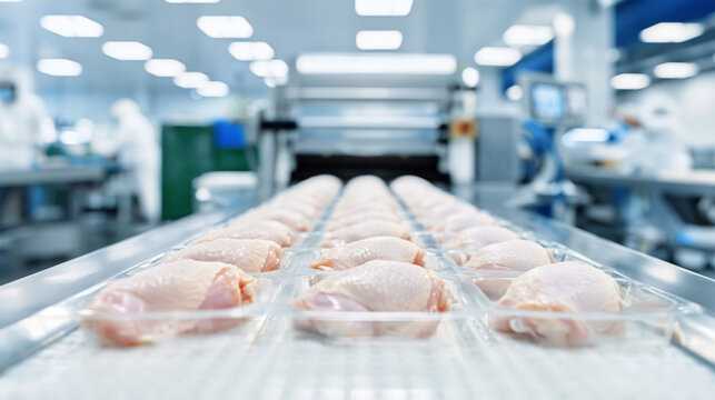 Raw chicken meat on conveyor belt in automated food processing plant. Poultry packaging line in industrial factory. Production of meat product for wholesale grocery distribution industry.