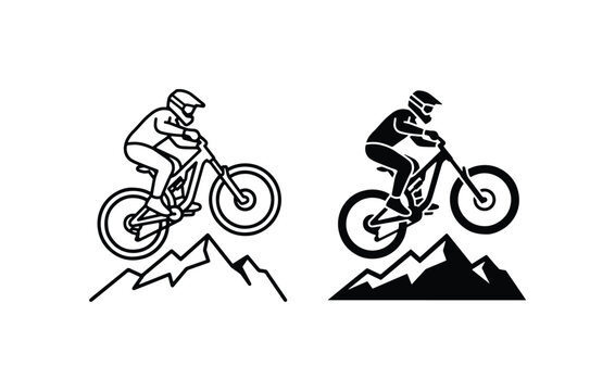 Mountain Bike Rider Silhouette, Downhill Cycling Action, Extreme Sports Vector Icons, Adventure Graphic