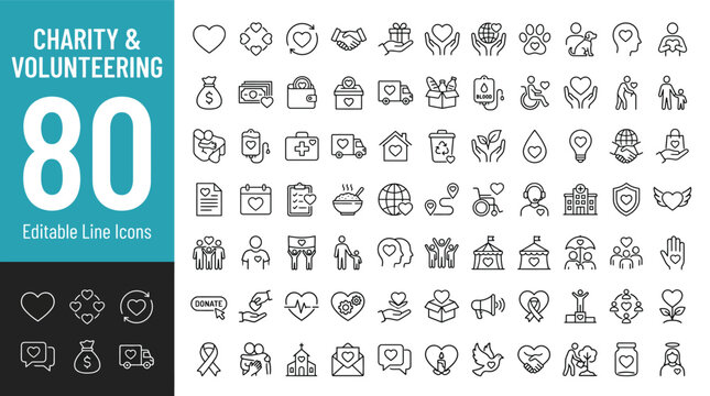 Charity and Volunteering Editable Icons set. Vector illustration in modern thin line style of philanthropic icons: almsgiving, helping those in need, donation, contribution, humanism, altruism.
