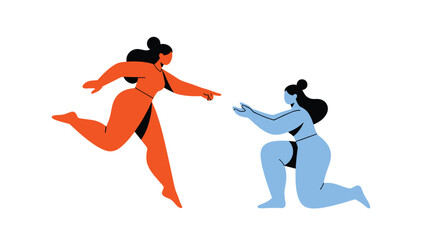 Obraz premium Two stylized female figures in orange and blue reaching out to touch fingers in a scene reminiscent of classical art.