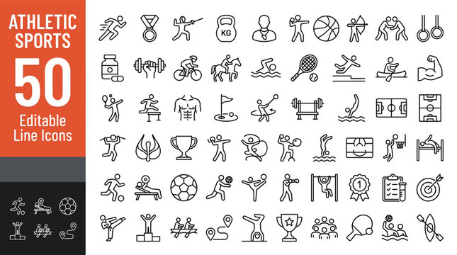 
Athletic Sports Line Editable Icons set. Vector illustration in modern thin line style of summer sports activities related icons: gym exercises, football, swimming, gymnastics, and more. Pictograms a
