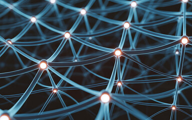Fototapeta premium Futuristic network structure featuring glowing interconnected nodes and lines forming complex matrix for technological communication backgrounds representing modern digital connectivity.