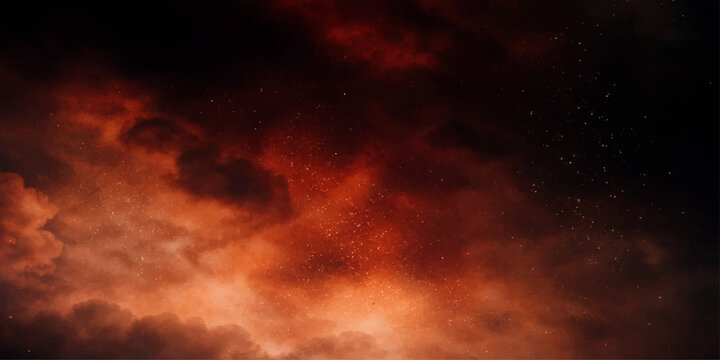 A dramatic explosion of fire and smoke erupts against a dark nature landscape featuring a stormy sunset sky with orange clouds and a hint of blue