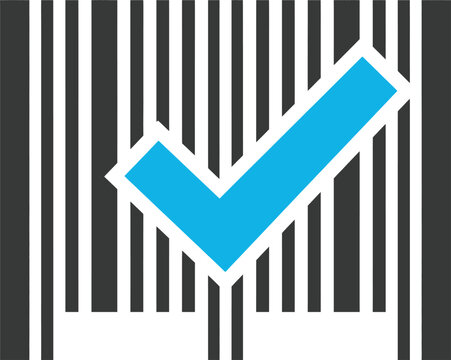 Blue check mark on gray and white striped background