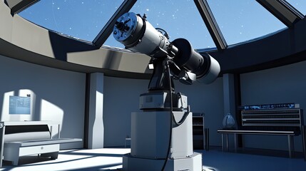 Fototapeta premium Modern observatory interior featuring a large professional telescope pointed towards the starry night sky through a retractable dome, fostering scientific research and cosmic exploration