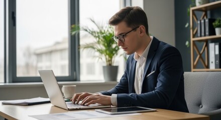 Fototapeta premium Man in suit typing on laptop in office